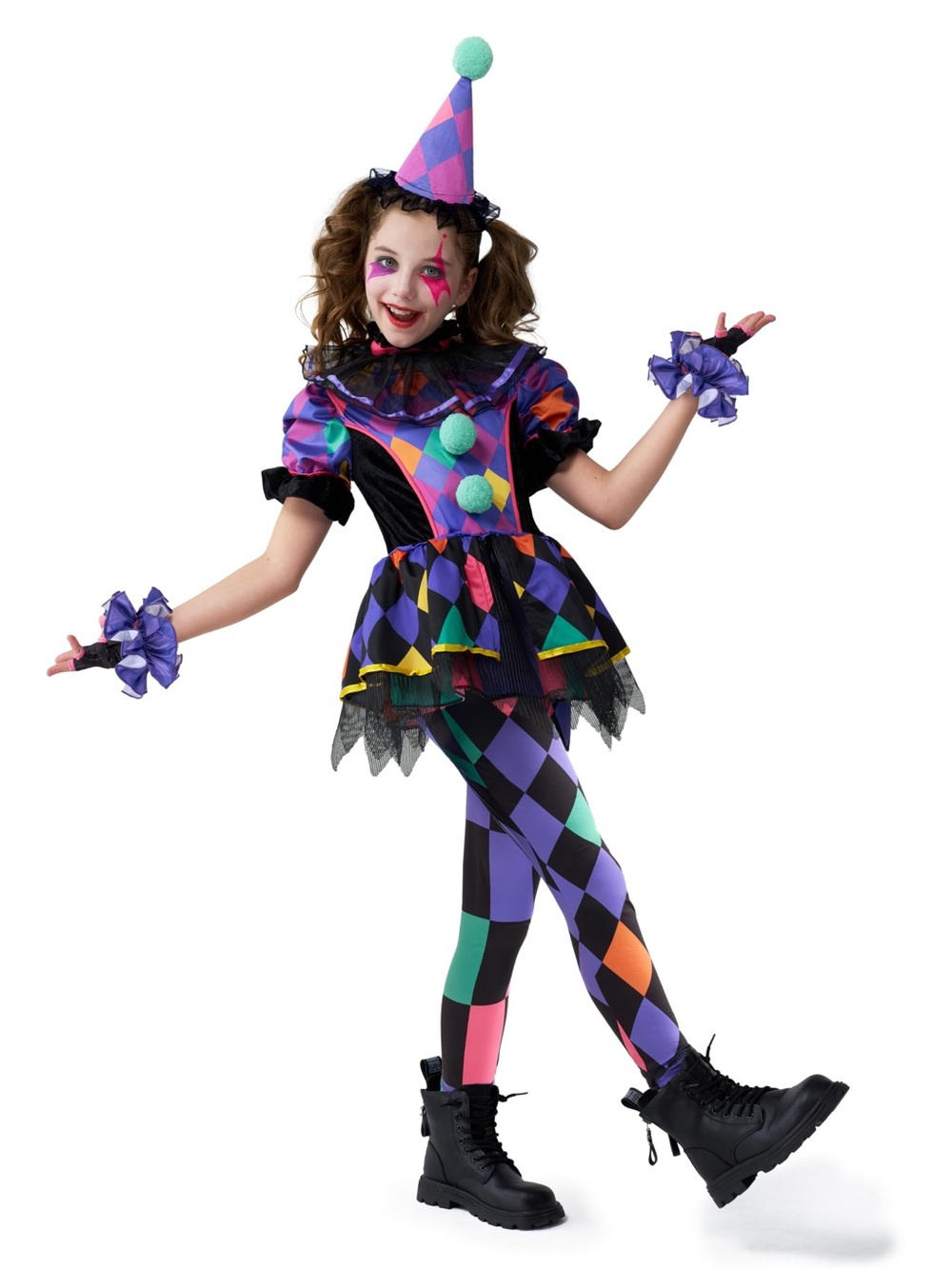 Halloween Scary Clown Costume, Colorful Twisted Clown Jester Dress Small 5-7 yrs